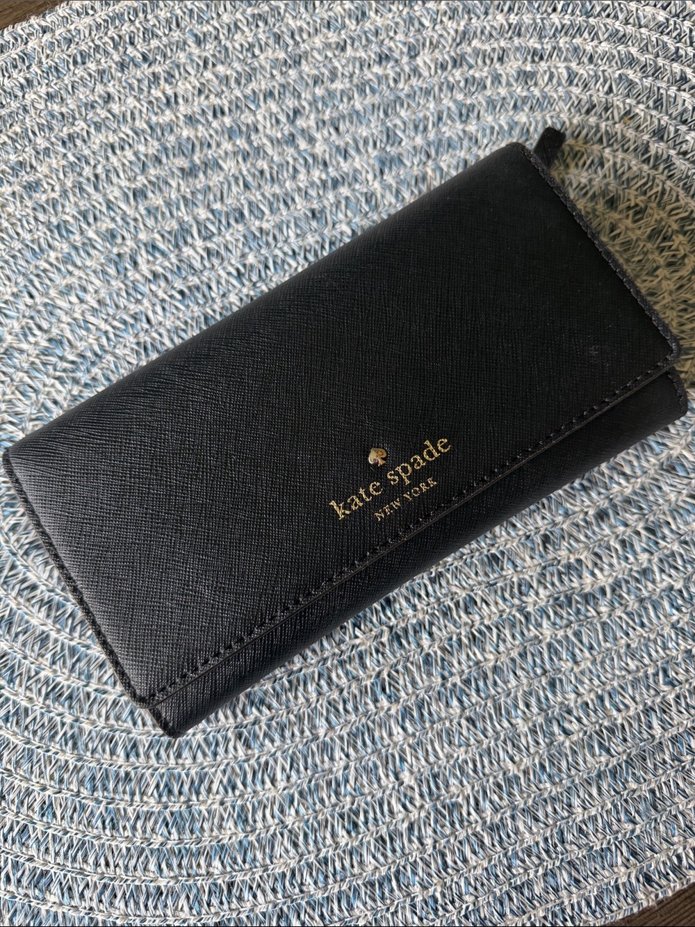 kate spade Black Saffiano Leather Card & Key Wallet with Gold Logo Accent